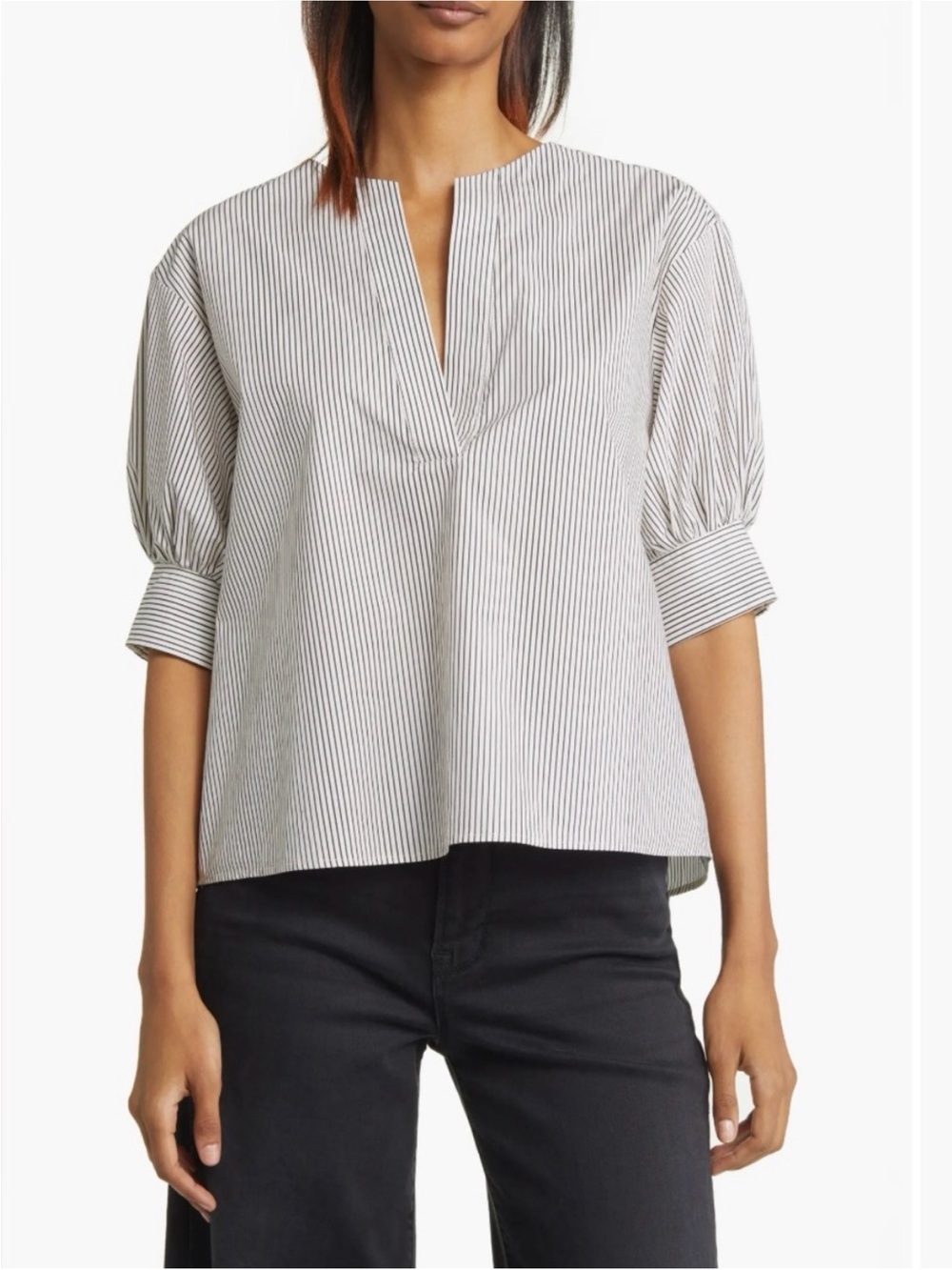 FRAME Striped Split-Neck Organic Cotton Popover Top - White/Black - XS